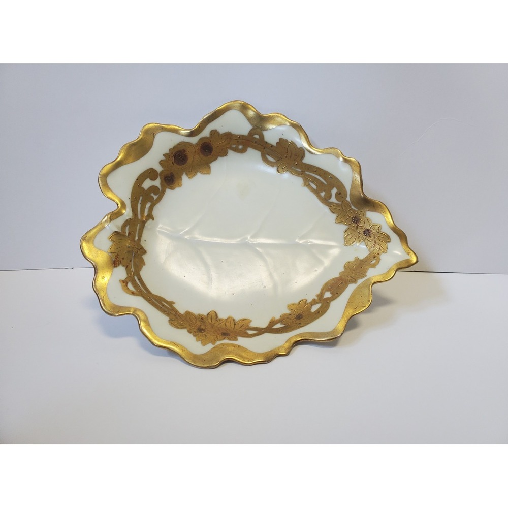 Elite Works St Martial Limoges Porcelain Gold Gilt Floral Leaf Trinket Dish